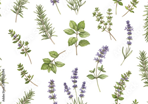 Wallpaper Mural Lavender rosemary thyme basil herbs botanical illustration floral pattern seamless watercolor design nature 99 Torontodigital.ca