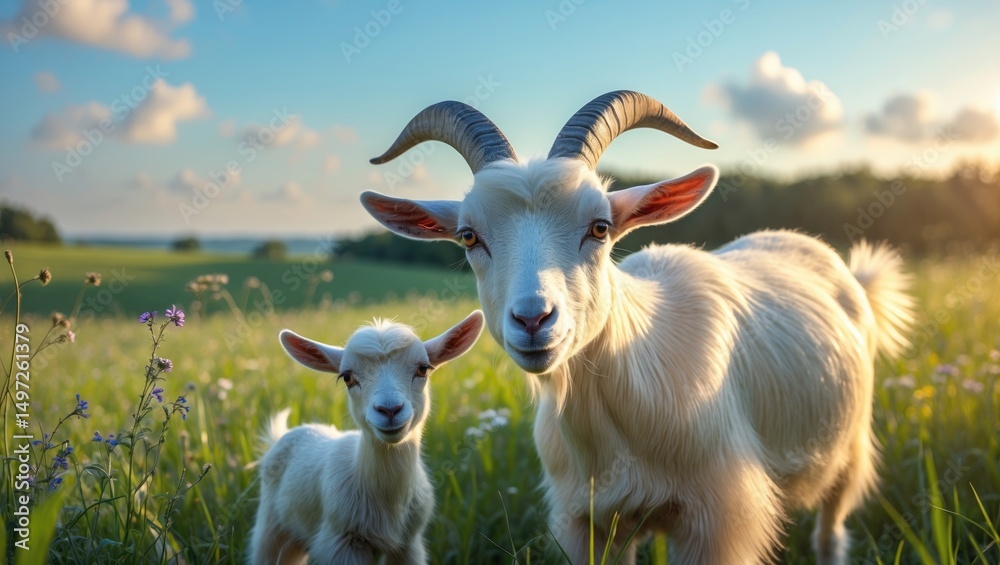 Obraz premium Meadow with a goat and a small goat.