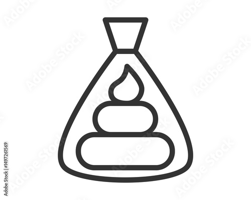 Minimalist vector icon depicting waste disposal in a bag. Clean, simple design suitable for environmental awareness campaigns or pet care guidance. Symbolic, bold outline style.