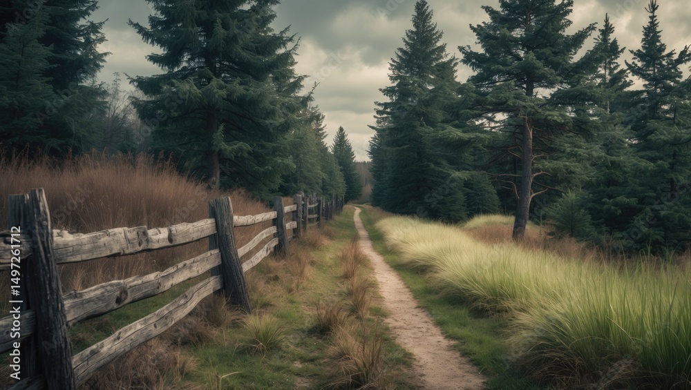 Trees alongside a country-style rustic fence Trees alongside a country-style rustic fence