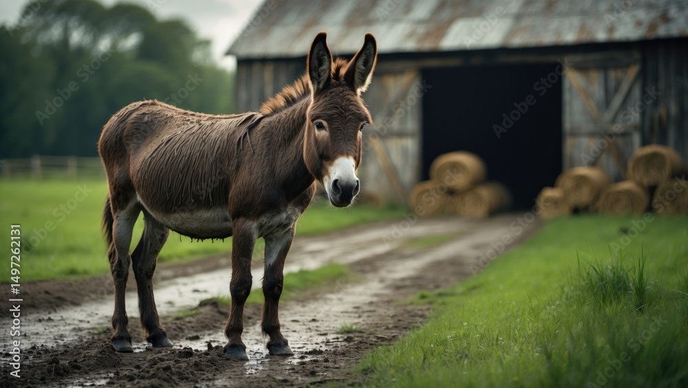 Fototapeta premium Beside a rustic barn, a donkey covered in mud stands contentedly, emphasizing the simplicity and allure of farm life.