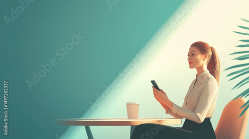 Happy businesswoman using smart phone while having coffee break at work