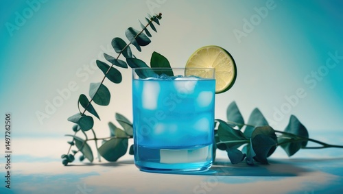 A blue cocktail with a lime slice garnished with eucalyptus leaves. photo