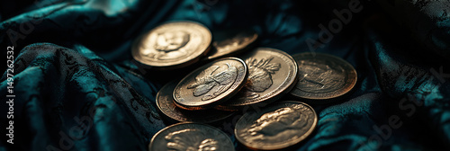 Antique gold coins resting on dark teal fabric in soft ambient lighting