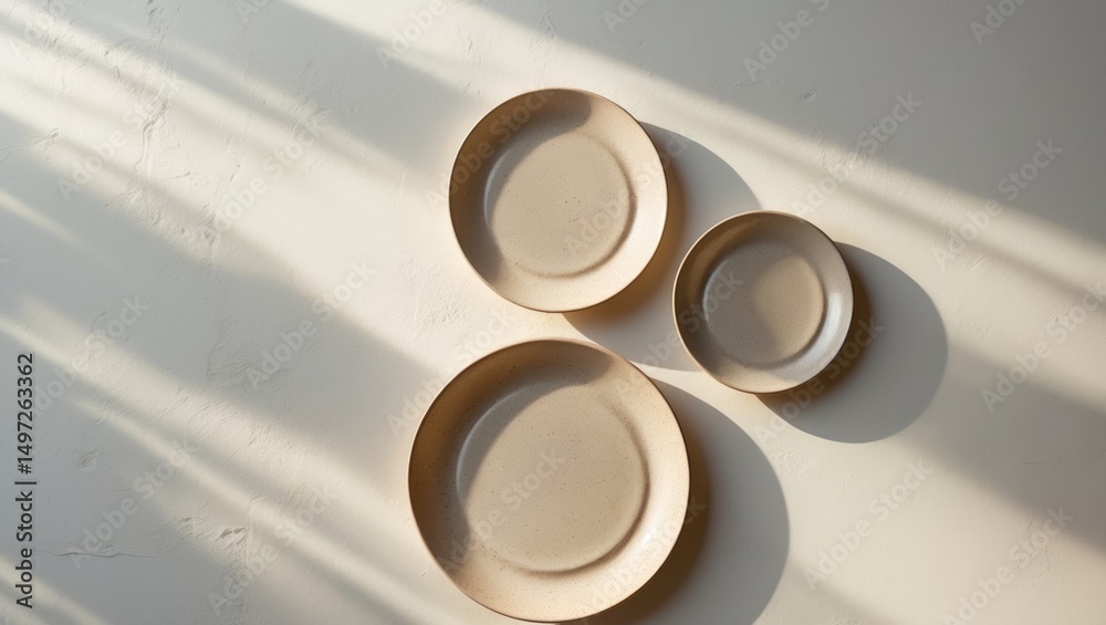 Fototapeta premium Flat lay of three differently sized plates on a background. Top-down perspective. Natural hues of the plates. Grainy texture pattern on the plates.