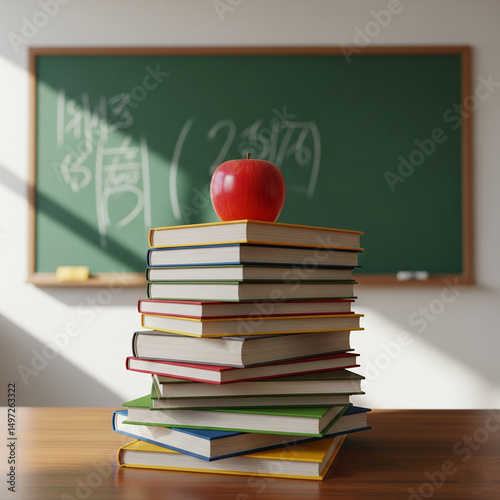 back to school concept. red apple on a stack of books. Stacking books with a red apple in the classroom in front of green board.