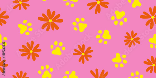 Wallpaper Mural Summer theme color with dog paw footprint and flower seamless pattern. Design for fabric, textile, wrapping, wallpaper, background. Torontodigital.ca