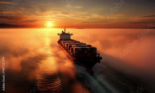 A cargo ship navigates through foggy waters at sunrise, showcasing tranquil maritime beauty.