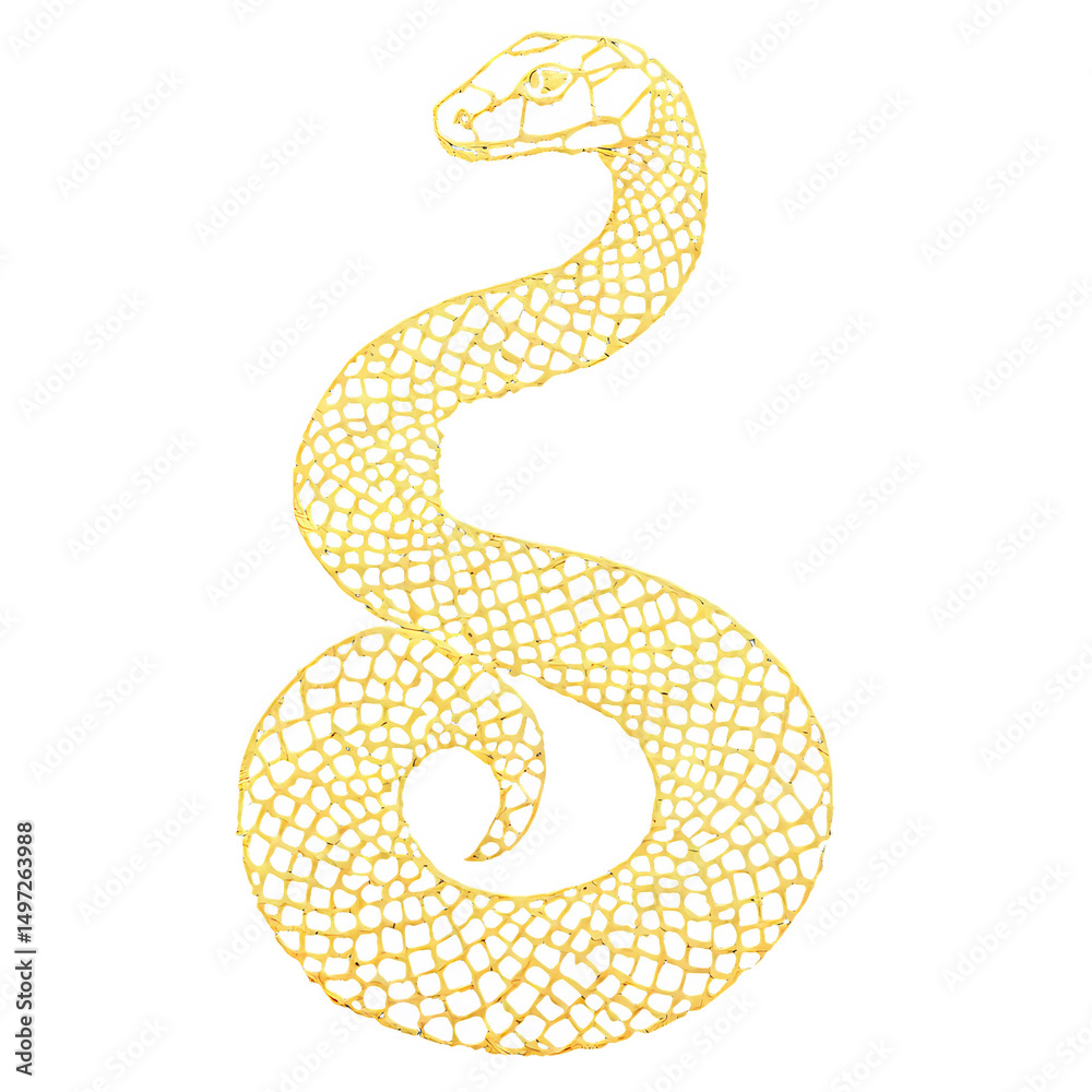 Fototapeta premium Stylized snake illustration with gold lattice pattern and blue accents, set against transparency background, creating modern