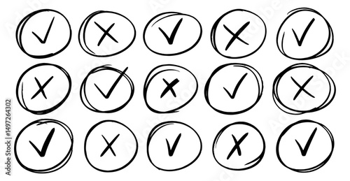 Collection of circle frames with crosses and checkmarks. handdrawn doodle marker. vector hand drawn check and cross mark