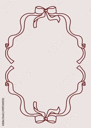 Aesthetic Hand Drawn Whimsical Ribbon And Bow Oval Burgundy Outlined Frame For Restaurant Menu Dinner Wedding Invitations Or Posters Isolated Vector Design