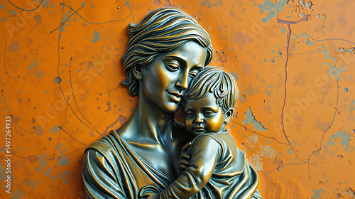 bronze sculpture of a mother holding her child against a textured orange background