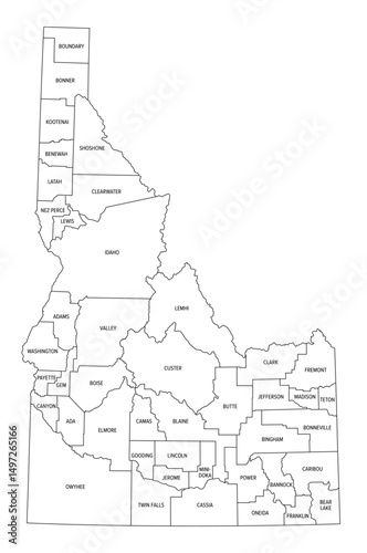 State of Idaho, subdivided into 44 counties, outline map with borders and county names. State in the Mountain West region of the United States, nicknamed The Gem State, or The Potato State. Vector
