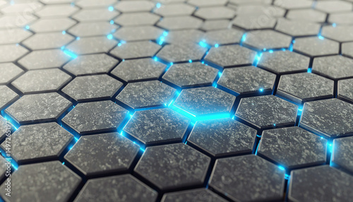 The Gray Hexagonal Tiles Glowing With Blue Light Abstract Background Represents New Tech Futuristic and Digital Age