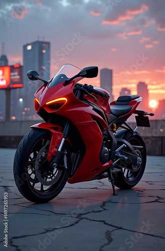 Bright red motorcycle parked on cracked urban rooftop at dusk with glowing city skyline and neon billboards.

