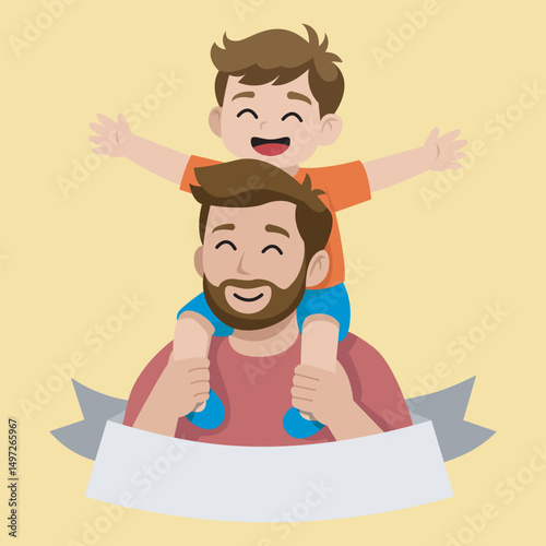 Cartoon Father with Son on His Shoulder. Celebrating World Father's Day
