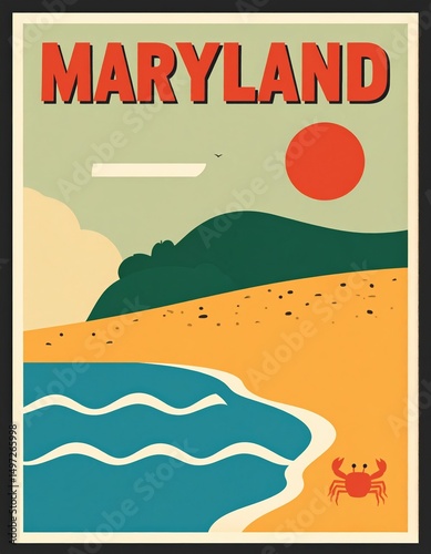 Vintage maryland travel poster with beach scene and red sun