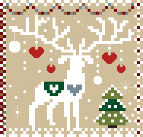 A white deer with a green blanket on its back is surrounded by red and white Christmas decorations. The scene is set in a wintery landscape with a tree in the background. design for all business
