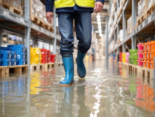 Worker in flooded warehouse wearing rubber boots, walking through water damage in storage.