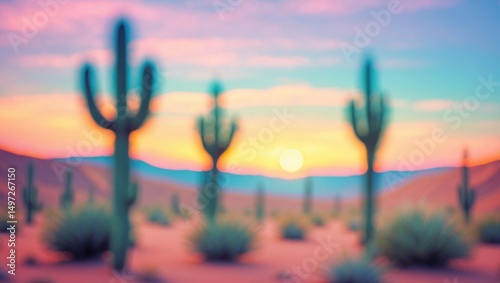 Blurred Background Featuring a Cactus in a Desert Scene Under a Colorful Sky and Warm Sunlight. photo