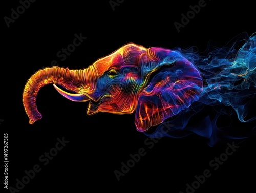 Head Graphic. Elephant Profile Portrait in Colorful Flames on Abstract Black Background