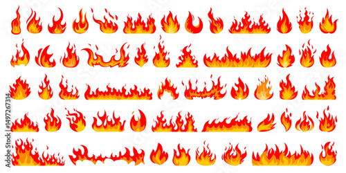 Set of red and orange comic fire flame, hot campfire, fireball spark, bonfire smoke and burning fire pattern. Flaming fireworks light. Idea of energy or power. Flat style wildfire blaze symbol or icon