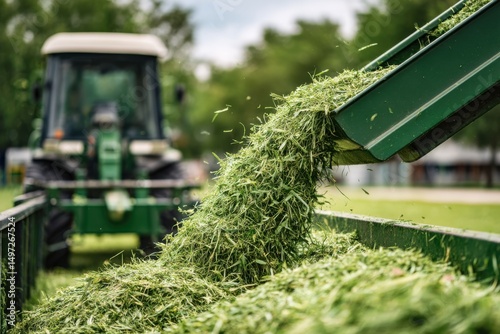Freshly cut grass is loaded into a trailer, a tractor can be seen in the background, preparing animal feed.