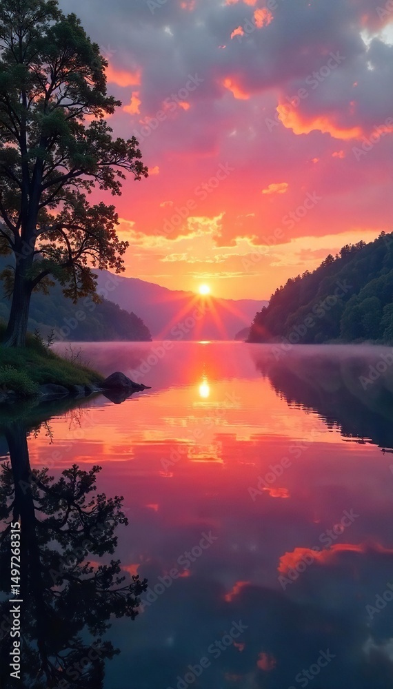 Obraz premium Vibrant sunrise over a tranquil lake, reflecting serenity and peaceful wellbeing Perfect for relaxation, mindfulness, and healthy living themes , mindfulness, clouds