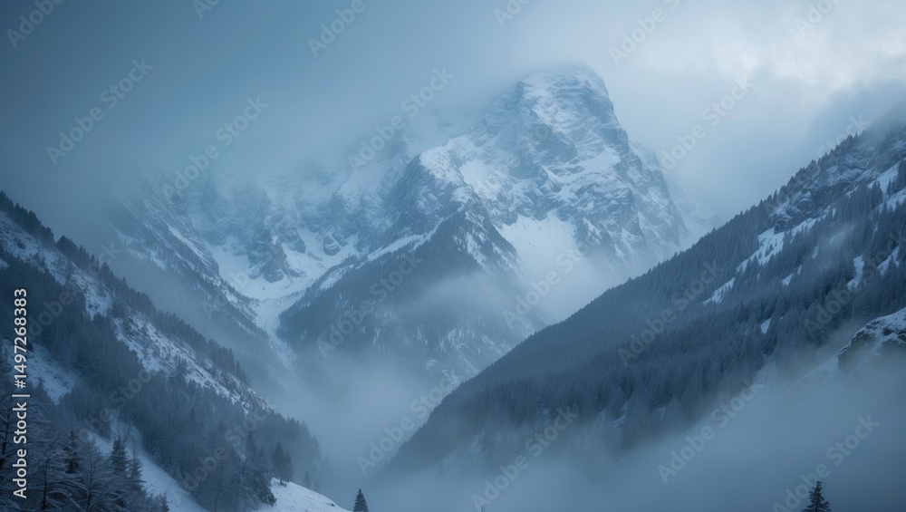 Obraz premium Snow-covered mountains and foggy valleys in a winter landscape. Mountain scenery and weather conditions. Nature and outdoor environment. The scene of rugged mountain terrain.