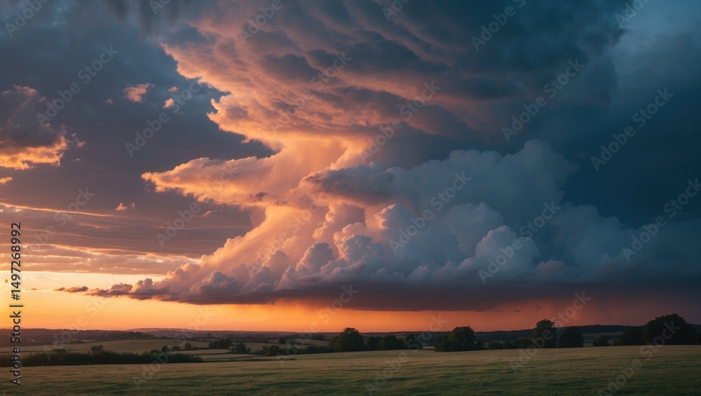 Fototapeta premium Dramatic storm cloud sunset over open fields with vibrant colors and textured clouds.