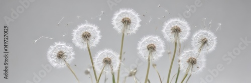 Close-up of pristine white dandelion seeds floating on a stark white background, texture, image