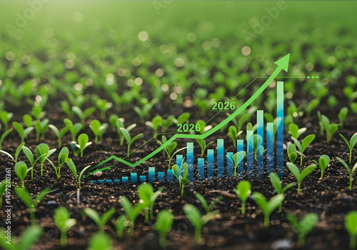 Seedling are growing from soil with growth comparative year 2025 to 2026. Concept of business growth, profit, agriculture, development and success graph..