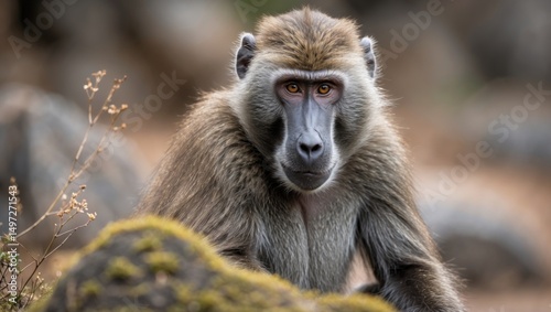 Close-up of a baboon in its natural habitat with detailed facial features and fur. Wildlife and nature photography. Mammals in the wild. The image captures animal behavior and environment.