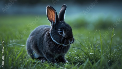 A cute black rabbit with white markings sitting on green grass outdoors. photo