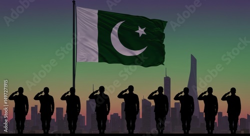 Patriotic Military Salute with Pakistan Flag Over Urban Skyline at Sunset