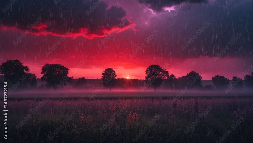 Fototapeta premium A thunderstorm occurring over a landscape with trees at sunset, illuminated by vibrant red and purple hues, with rain falling across the scene.