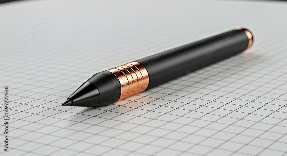 Fototapeta premium Modern Black and Copper Stylus Resting on Grid Paper for Design and Technology