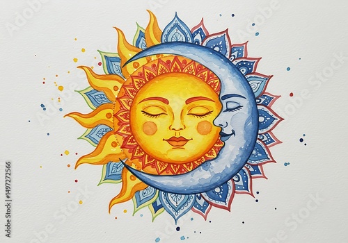Watercolor sun moon art celestial astrology painting illustration design dreamy spiritual artwork decor