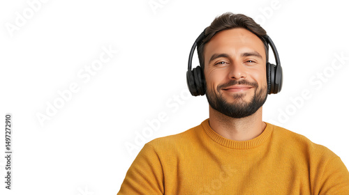 Man with headphones smiling in a relaxed atmosphere, perfect for music and leisure themes.