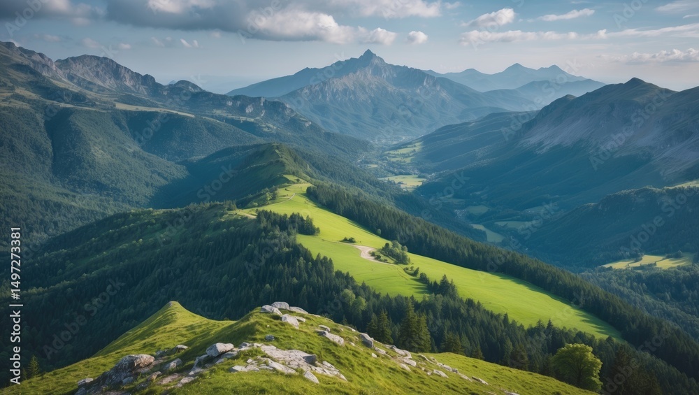 Fototapeta premium A scenic mountain landscape with lush green hills and valleys, featuring mountain ranges in the background.