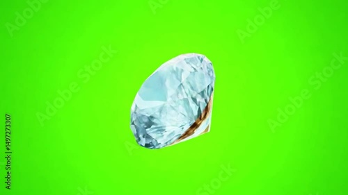 Diamond Gemstone Green Screen: A sparkling diamond gemstone, showcasing intricate internal reflections, is presented against a vibrant green screen, ideal for compositing.