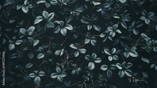 Dark foliage with greenish leaves and stems, creating a lush, natural pattern. photo