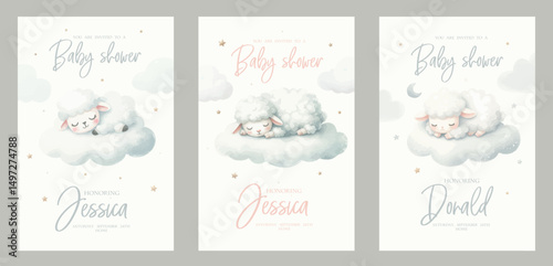 Watercolor baby shower invitation set. Greeting card with sleeping sheep on cloud.