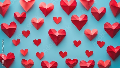 Wedding concept featuring red hearts on a soft blue backdrop, ample copy space, top view layout.