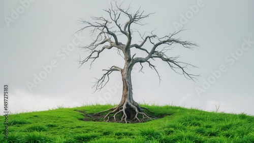 Isolated old and lifeless tree with a young sprout from a common root on a neutral backdrop. Symbolizing death and the renewal of life.