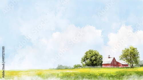 Picturesque farm with red barn, green trees, and vibrant field under blue sky, evoking sense of tranquility and nature beauty
