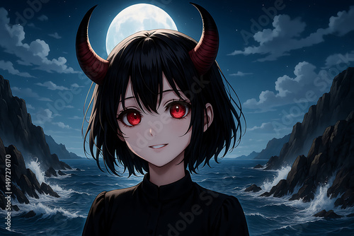 Eerie moonlit anime portrait of a horned demon girl with piercing red eyes standing against crashing ocean waves and jagged cliffs, evoking dark fantasy allure and supernatural mystery