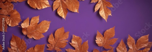 Dry orange metallic leaves, violet backdrop  Geometric autumnal design , art, wallpaper