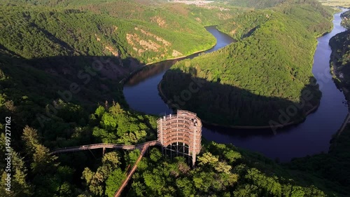 the famous german Saar river loop with observation tower 4k 50fps video