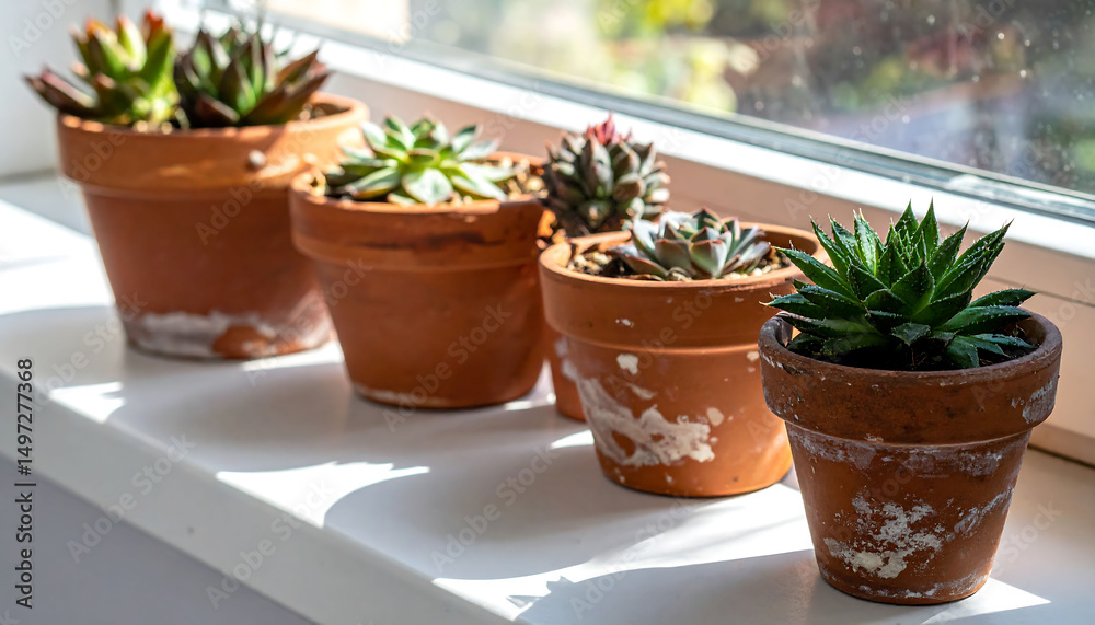 Sunlit windowsill featuring terracotta pots with various succulent plants. Represents growth, tranquility,  sustainable living. Ideal for home decor or gardening themes.